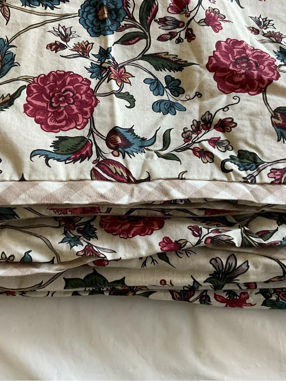 POTTERY BARN Amelie Floral with Gingham Borders Duvet Cover QUEEN 92x88”